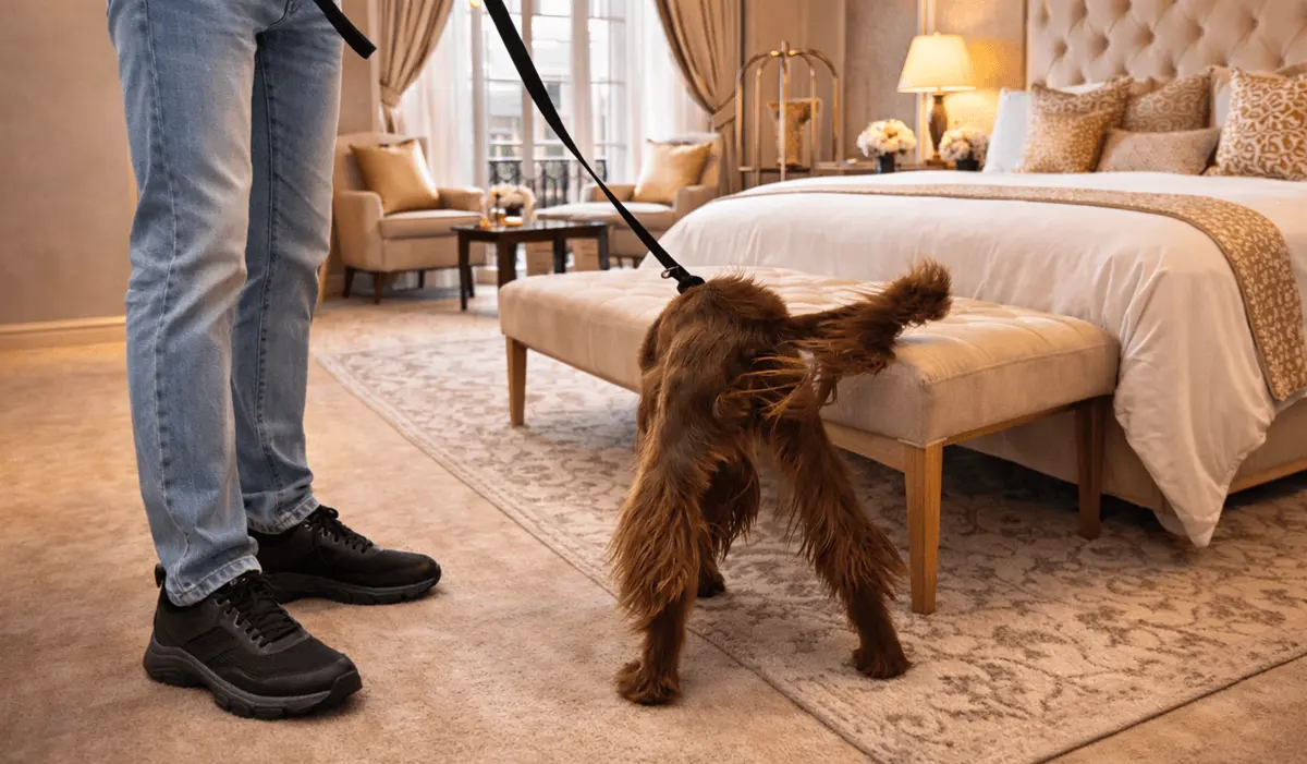 Perro detector de chinches inspeccionando habitación de hotel de lujo