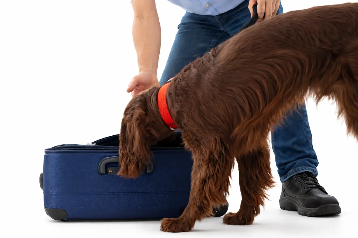 Perro detector inspeccionando una maleta para detectar chinches tras un viaje