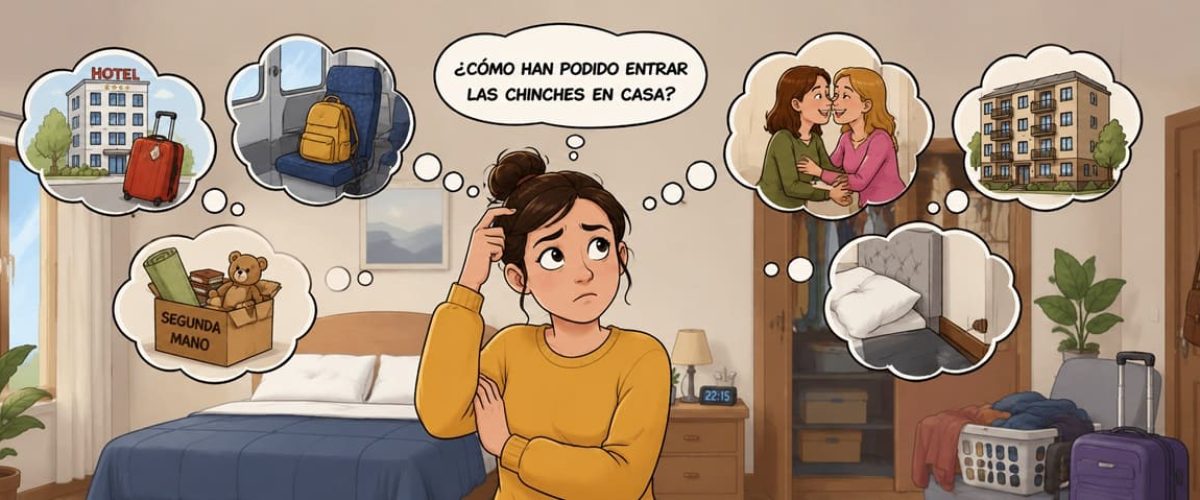 Ilustración tipo cartoon de una persona pensando cómo han podido entrar las chinches en casa