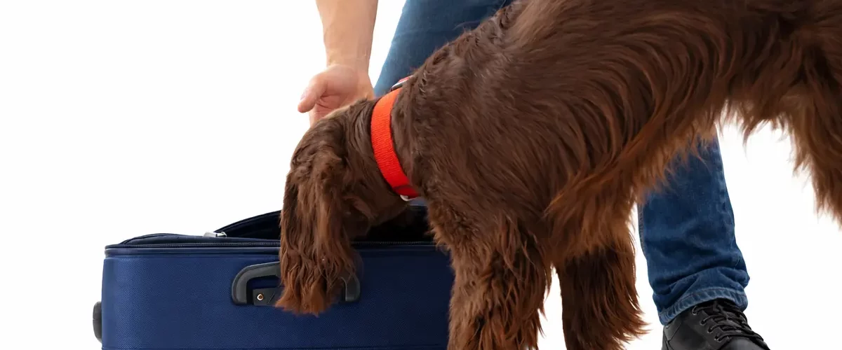 Perro detector inspeccionando una maleta para detectar chinches tras un viaje