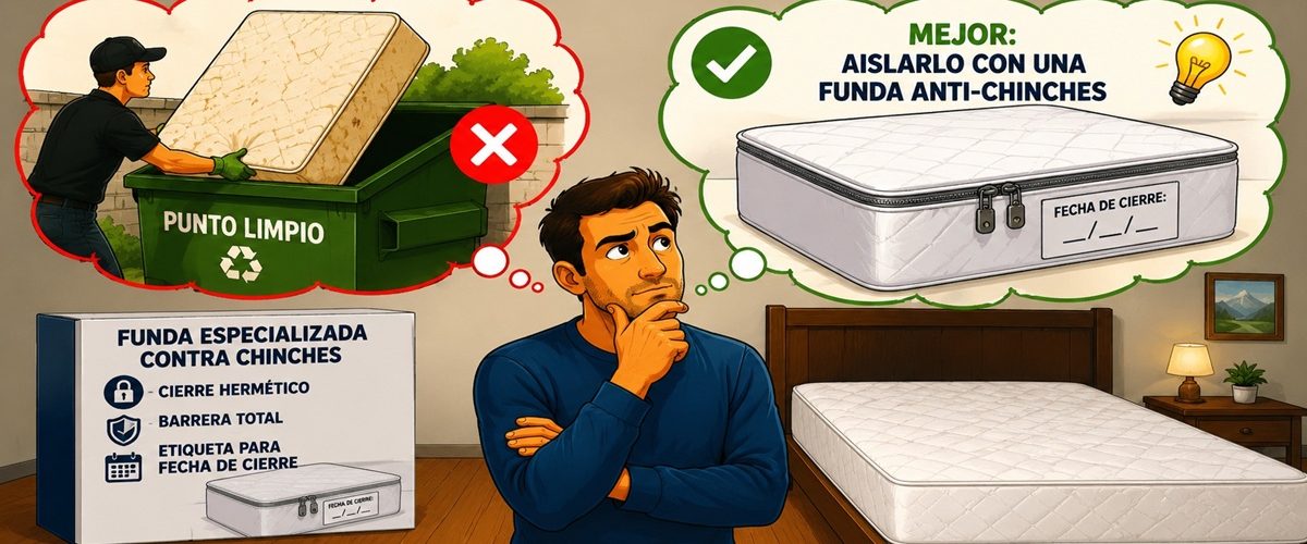 Ilustración sobre el error de tirar un colchón en lugar de aislarlo con una funda anti-chinches