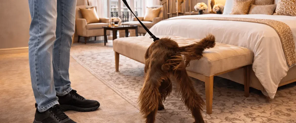 Perro detector de chinches inspeccionando habitación de hotel de lujo